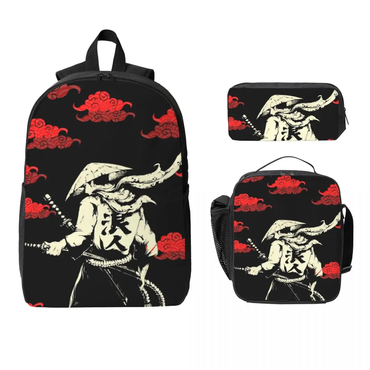 Red Cloud Japanese Samurai Warrior Anime1 Backpack BookBag School Bag Laptop Shoulder Bags 3ps Insulated Lunch Bag Pencil Case