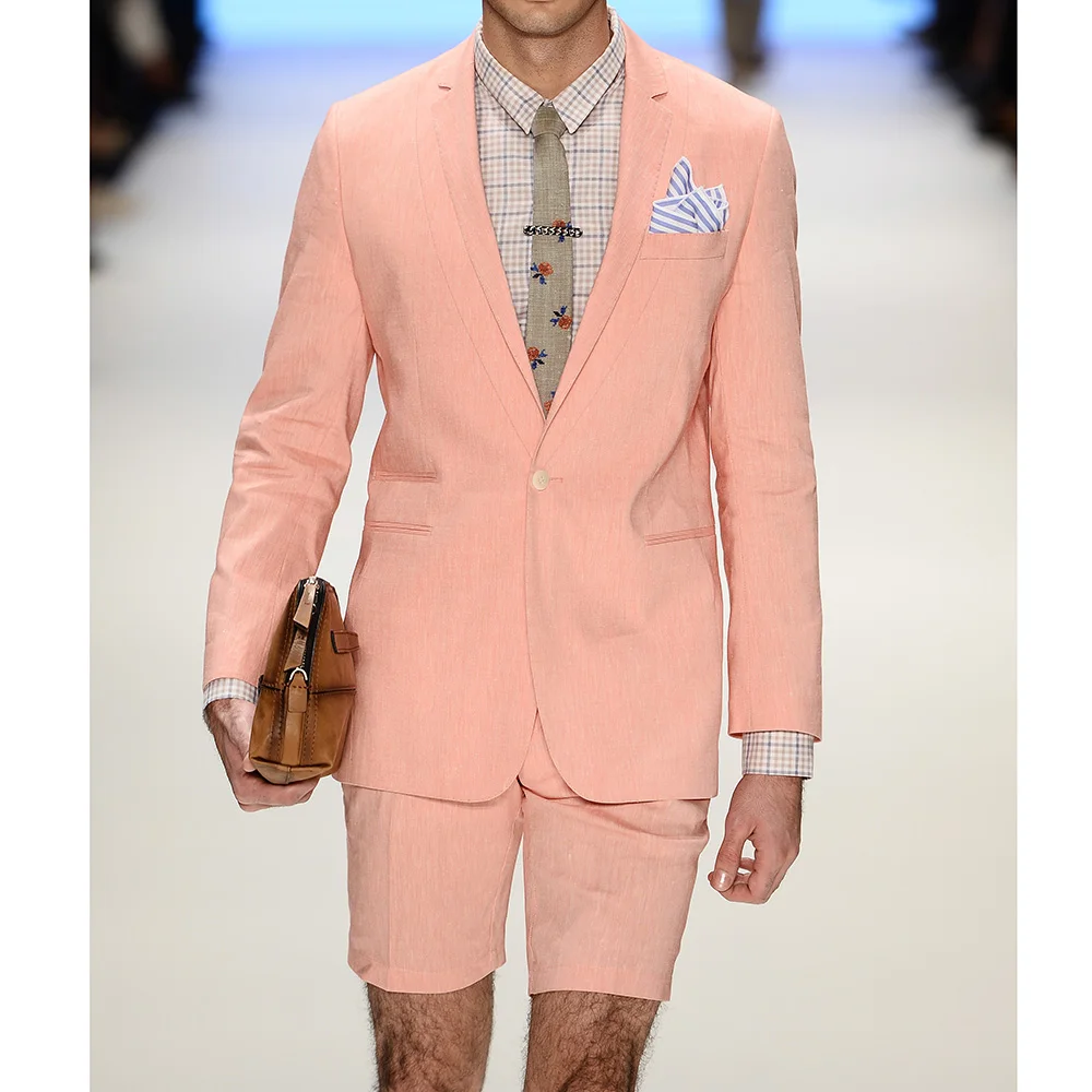 

New Arrival Men Suits Fashion Pink Notch Lapel Linen Male Suit Wedding Groom Tuxedo Beach Casual Slim Fit 2 Piece Blazer Pants