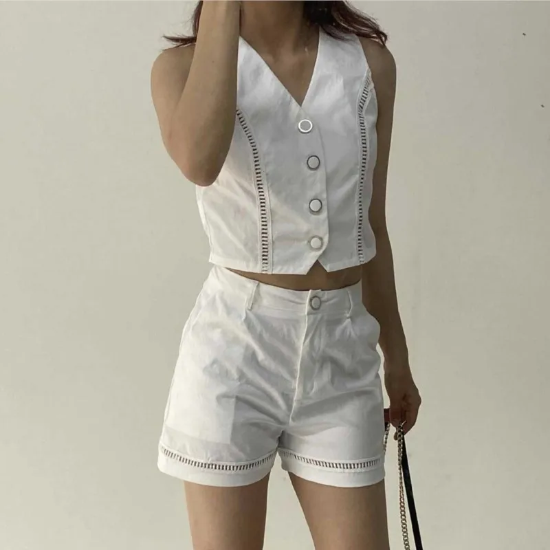 Elegant Womens White Casual Two Piece Sets Outfit Summer Sexy Hollow Out Button Sleeveless V-neck Vest Top & Pocket Shorts Set