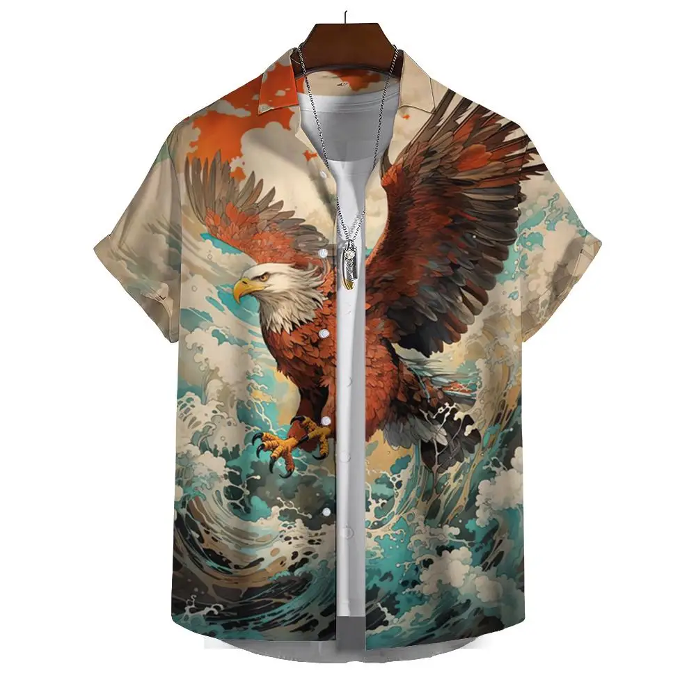 Summer Fashion Cartoon Mythical Animal Lion Tiger Wolf Print Men\'s Short Sleeve Casual Printed Tops Vacation Travel Oversized