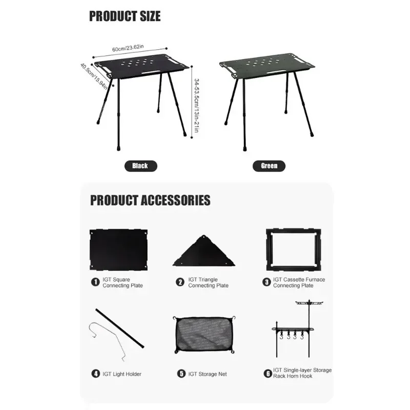 Stół taktyczny kempingowy IGT z akcesoriami Lekki, wielofunkcyjny, składany stół zewnętrzny ze stopu aluminium, regulowany