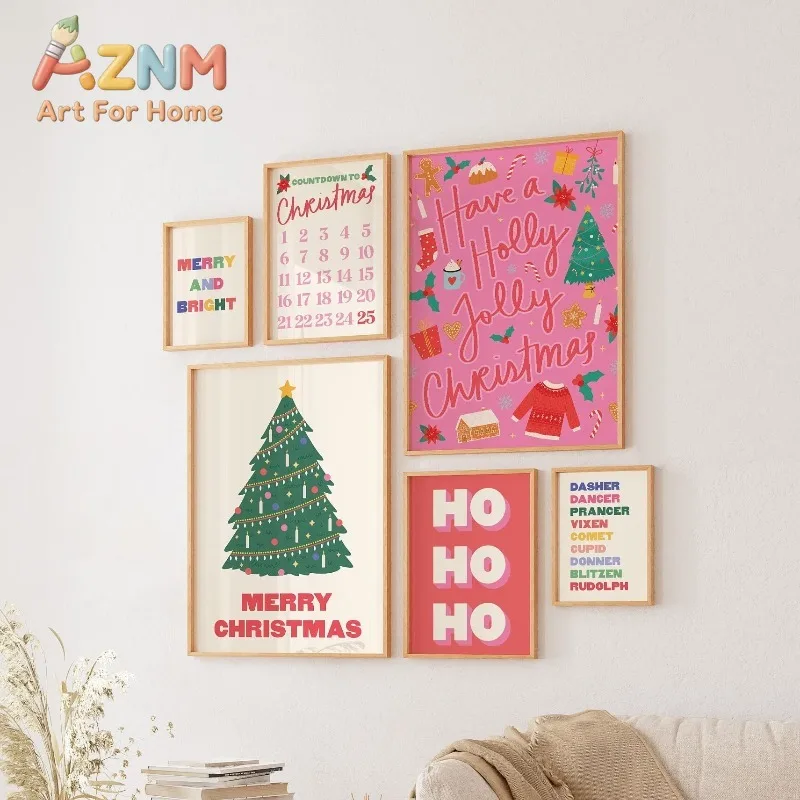 Christmas Gallery Wall Prints Fun Xmas Tree Quote Countdown Festive Unframed Canvas Wall Art for Living Room Home Holiday Decor
