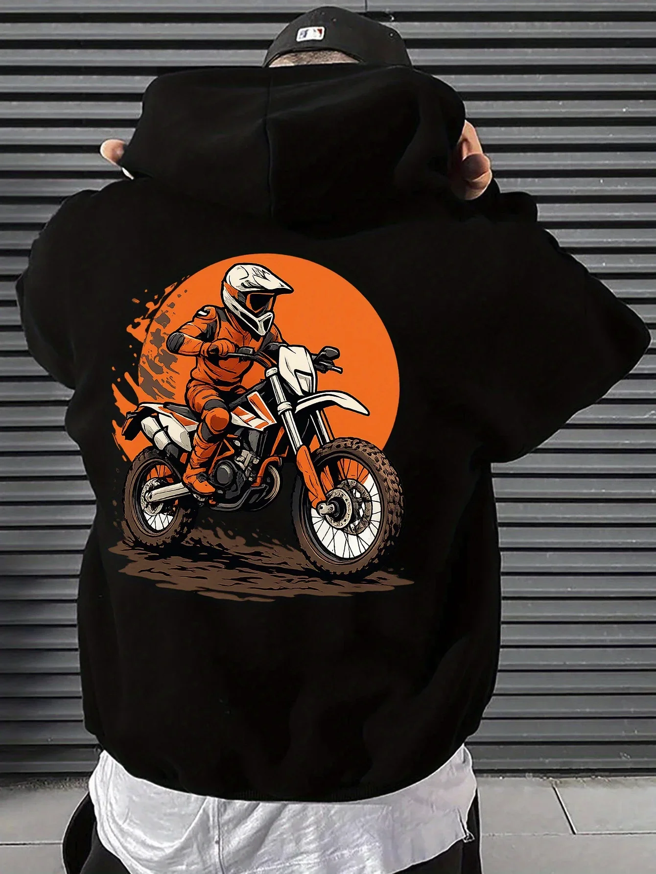 2026 Men Retro Oversized Hoodie Autumn Winter Off Road Motorcycle Rider Sunset Graphic Daily Casual Hooded Sweatshirt