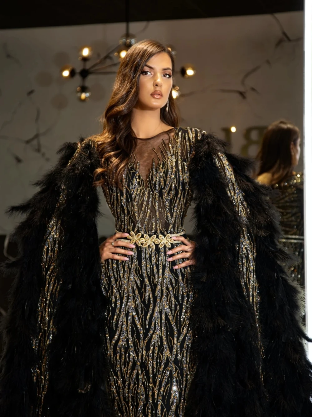 Vintage Black Party Evening Dresses Exquisite Feathers Prom Customized Elegant Cape Sleeve Floor-length Gown Robe De Mariée