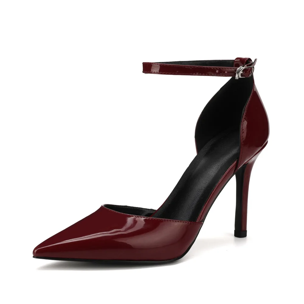 Wine Red Pointed Toe Ankle Strap Stiletto Pumps Women Patent Leather Hollow High Heels Jazz Dance Party Shoes