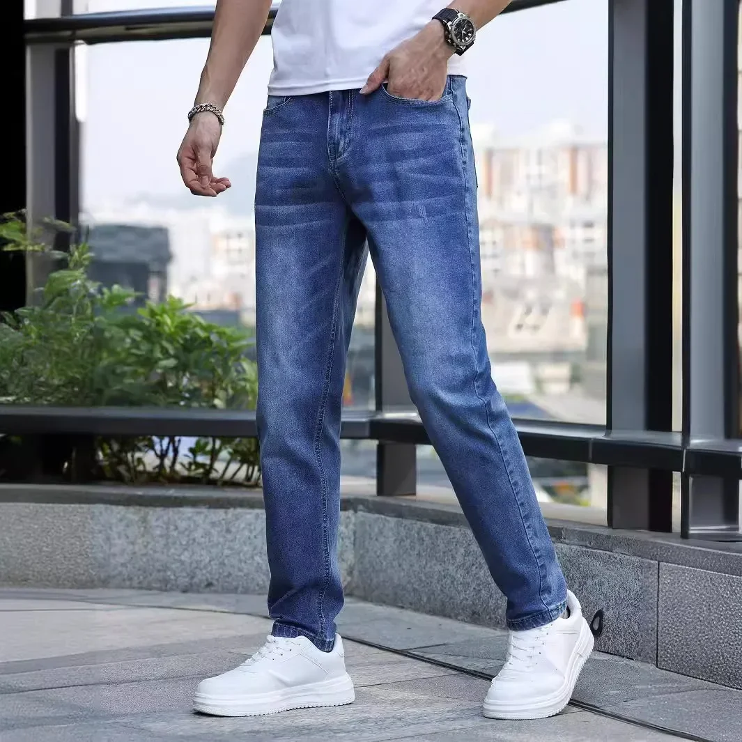 

Four Seasons New Fashion Men's Casual Trendy Slim Solid Color Jeans Pants American Classic Elastic Denim Trousers Streetwear