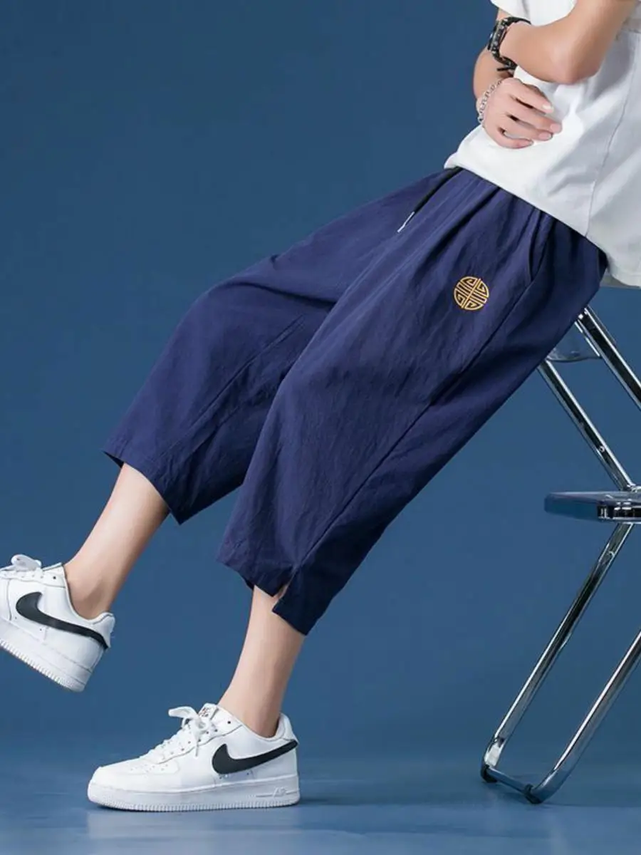 

Summer Thin Cotton Linen Loose Straight Casual Beach Pants Men's High Waist Seven-Foot orts Comfortable Breathable Lightweight