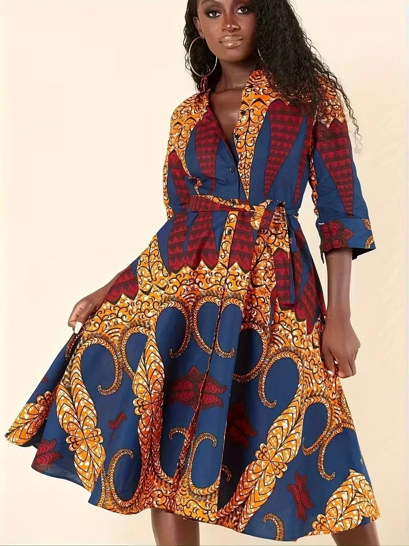 Sukienka damska w kwiatowy wzór, tradycyjna sukienka imprezowa zapinana na guziki z rękawem trzy czwarte.