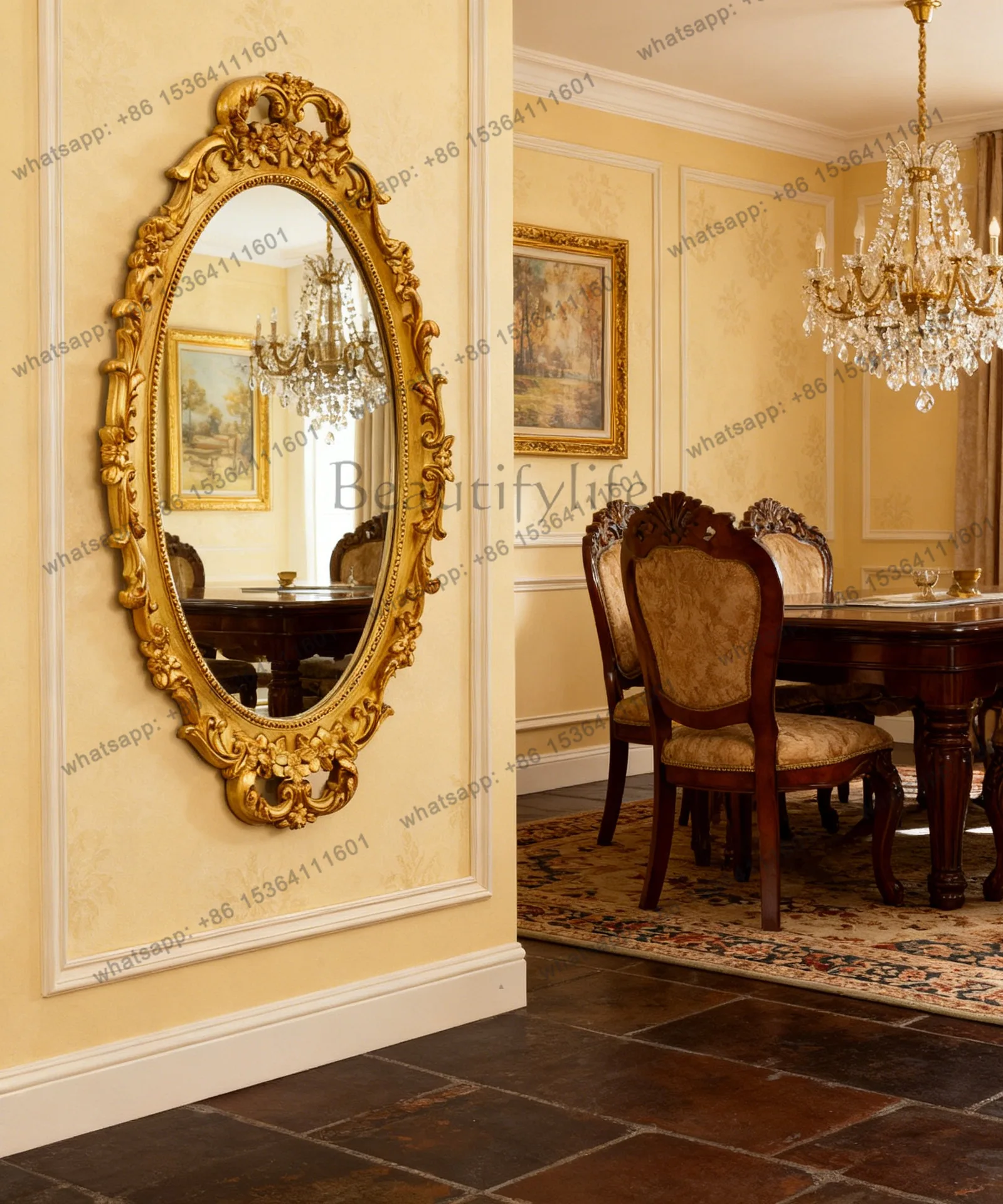 French retro luxury wall-mounted makeup mirror girls bedroom dresser oval mirror