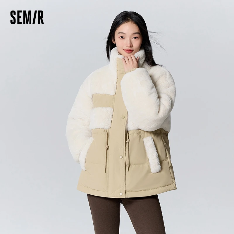 Semir Down Jacket Women Mid-Length Loose Spliced Imitation Rabbit Fur 2023 New Winter Stand-Up Collar Waist Thin Jacket