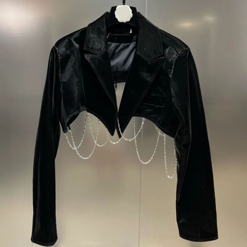 Autumn New Cropped PU Leather Jackets For Women Fashion Black Chain Decoration Short Faux Leather Jacket Female Outwear Y3007