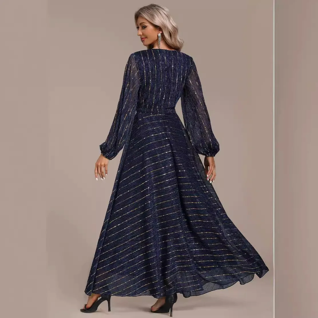 Vestido de manga larga con cuello en V y lentejuelas para mujer, Vestido de estilo celebridad a la moda, banquete, baile de graduación, primavera y otoño