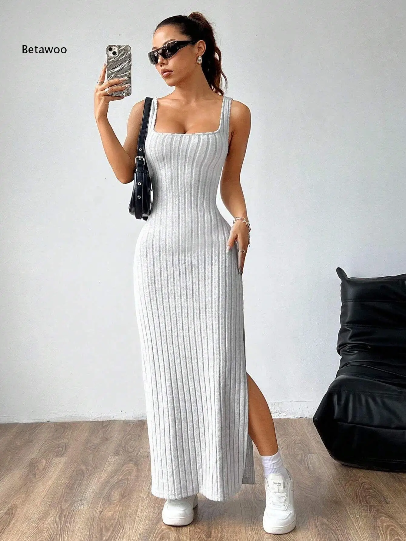 Y2K Street Style Sleeveless Square Neck Ribbed Maxi Dress Thin Strap High Side Slit Bodycon Long Skirt