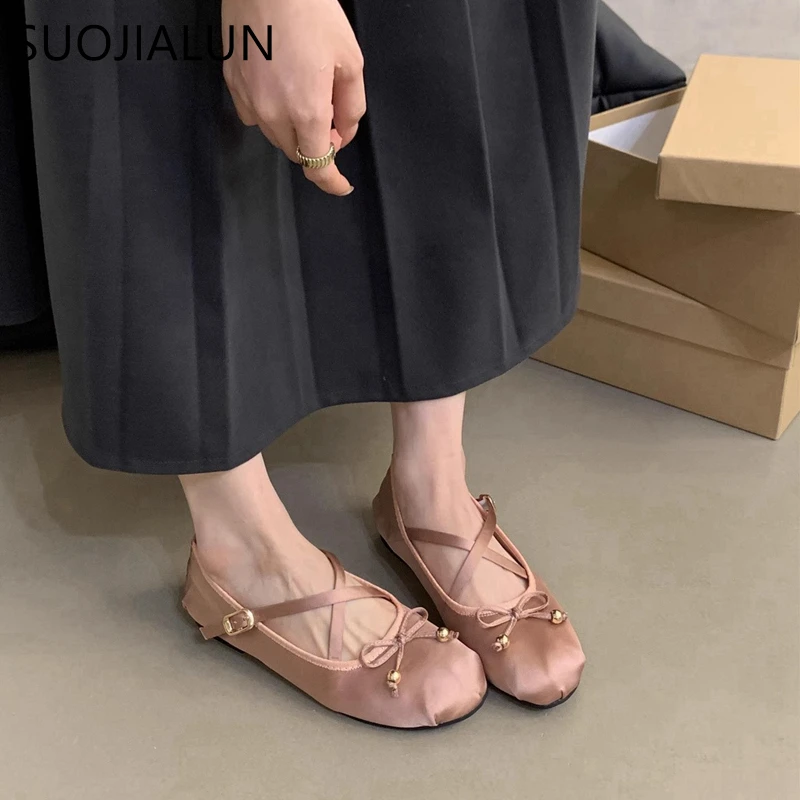 SUOJIALUN 2024 Autumn Women Flat Shoes Fashion Round Toe Shallow Slip On Ballerinas Shoes Ladies Soft Flat Heel Dress Mary Jane