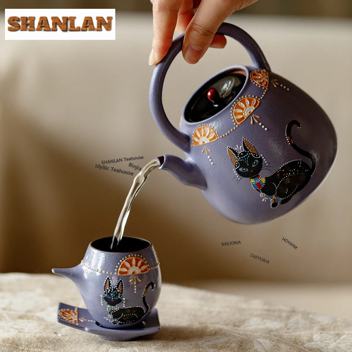 450ml Gilt Silver Hand-painted Cat Teapot Elegant Tea Infuser Pot Household Tea Maker Kettle With Strainer Chinese Tea Set Gifts