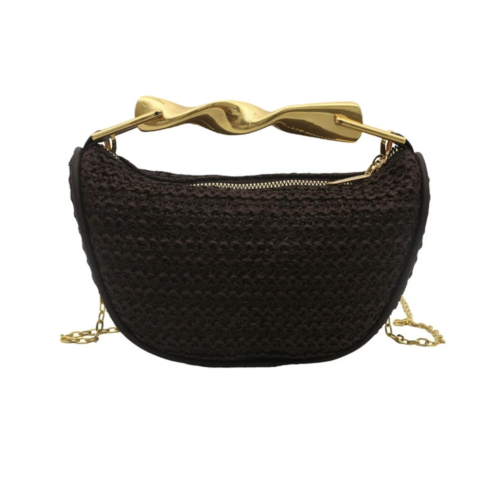 

Gold Handle Brand Handwoven Handbag Exquisite High-end Leather Bow Design Purse Brown Zipper Casual Fashion Luxury Shoulder Bag