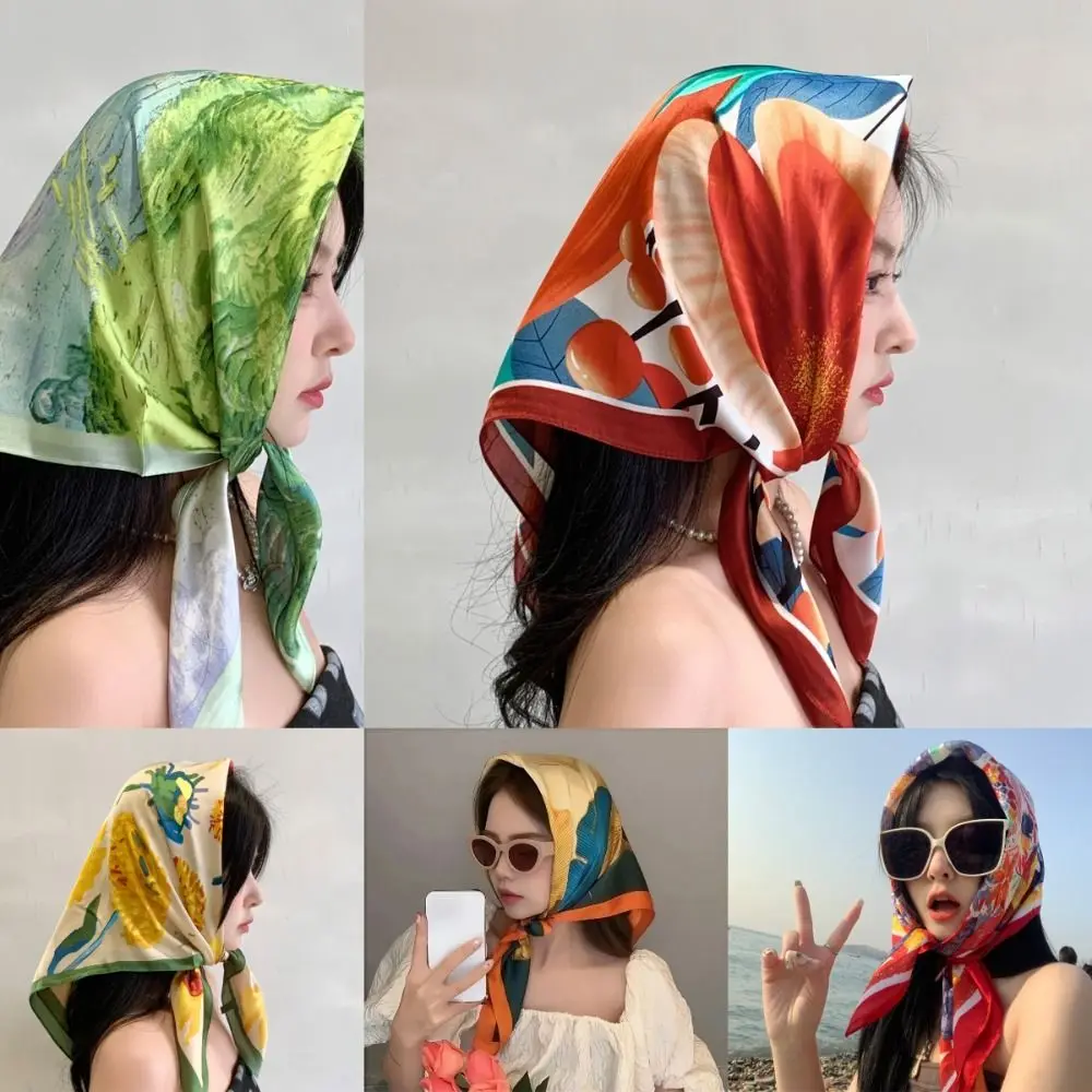 French Pastoral Style Triangle Headband Sweet Imitation Silk Girl Flower Headscarf Handmade Headband Turban