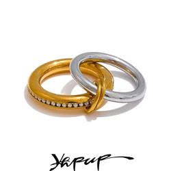 Yhpup Trendy Double Layered Round Stackable Ring for Women 316L Stainless Steel Inlaid Zirconia Charm Finger Jewelry 2025