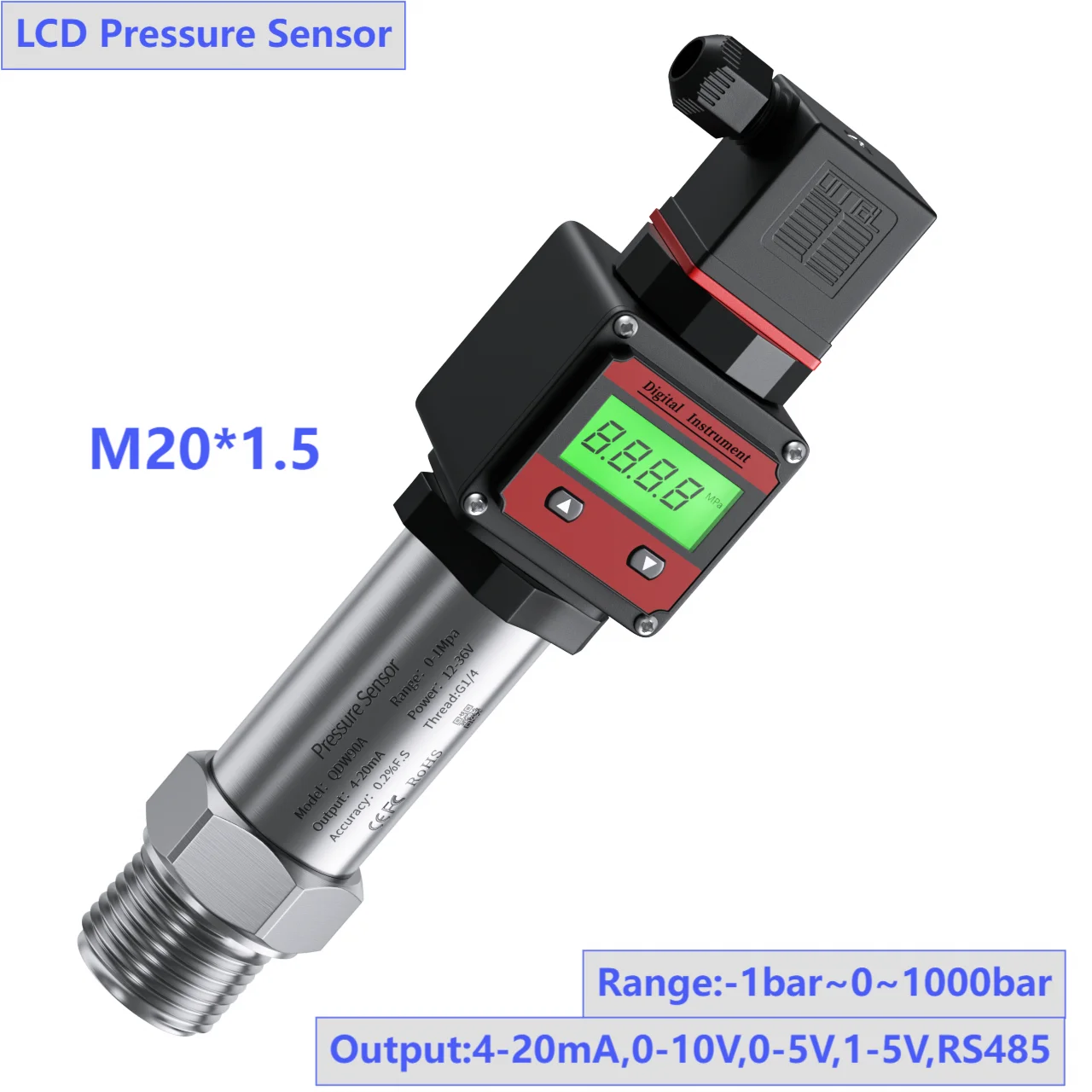 M20*1.5 Pressure Transmitter Digital Display -1bar-0bar-600 bar 10bar Gauge 4-20mA RS485 LCD Hersman Pressure Sensor