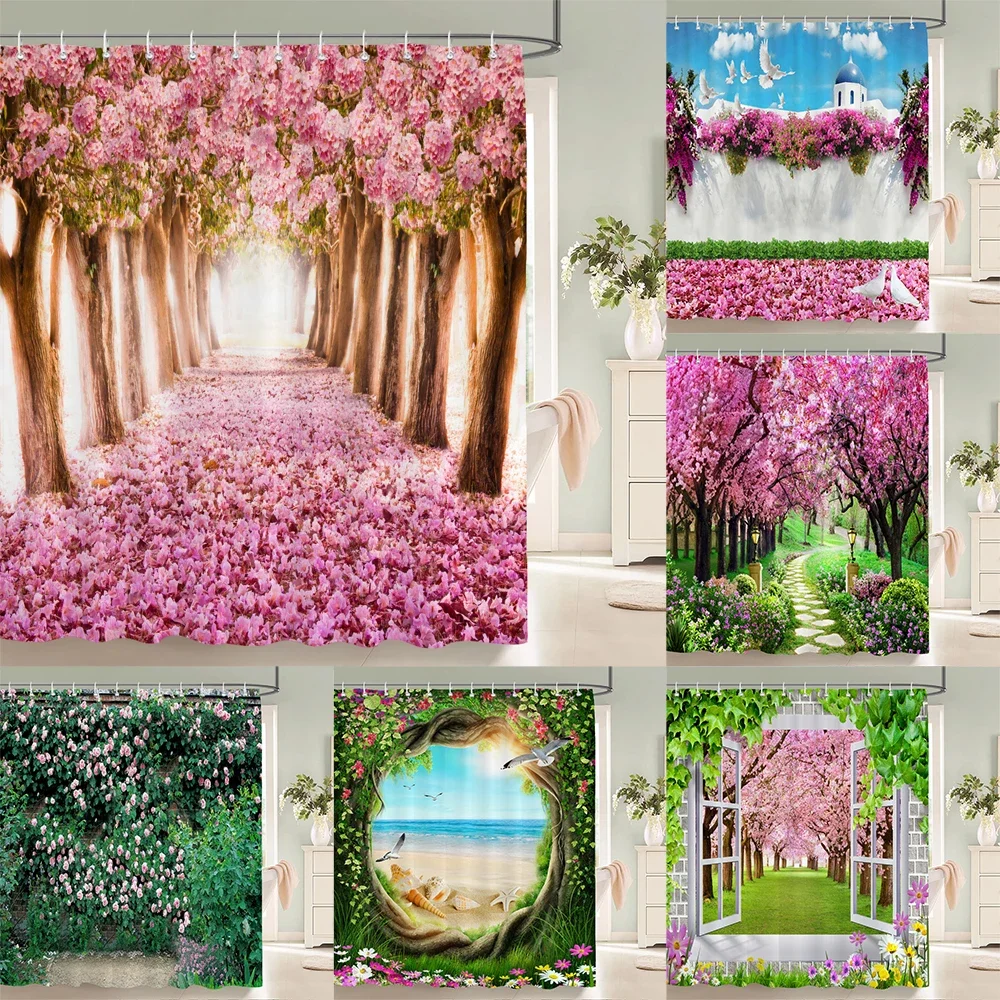 

3D Beautiful colorful flower landscape printing bathroom waterproof shower curtain polyester curtain home decoration curtain