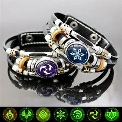 Luminous Genshin Impact Leather Bracelet Eye of God Water Wind Thunder Fire Rock Ice Element Snap Button Bracelets Jewelry Gift