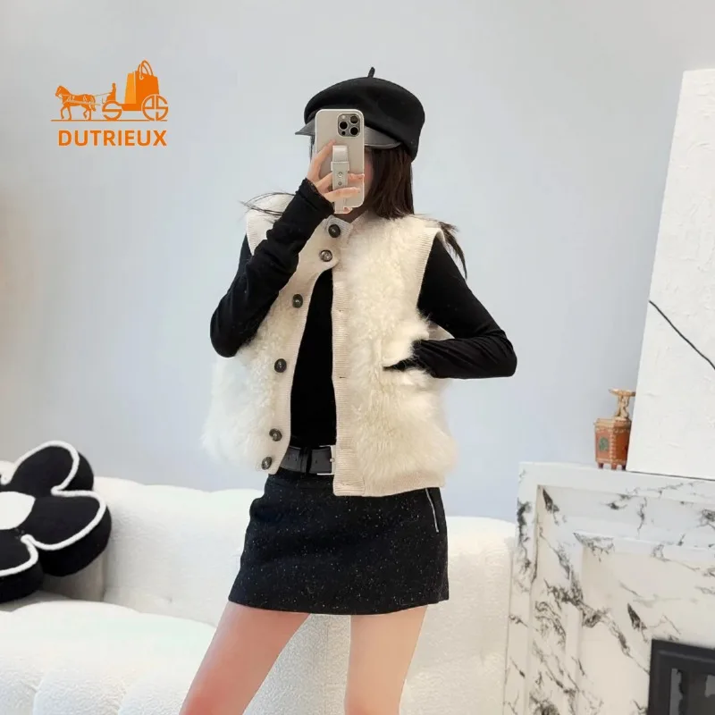 24 Winter New Fur Vest Women, Short Simple and Elegant Cashmere Fur Stitching Cashmere Knitted Fur Vest Jacket Coat Women Party