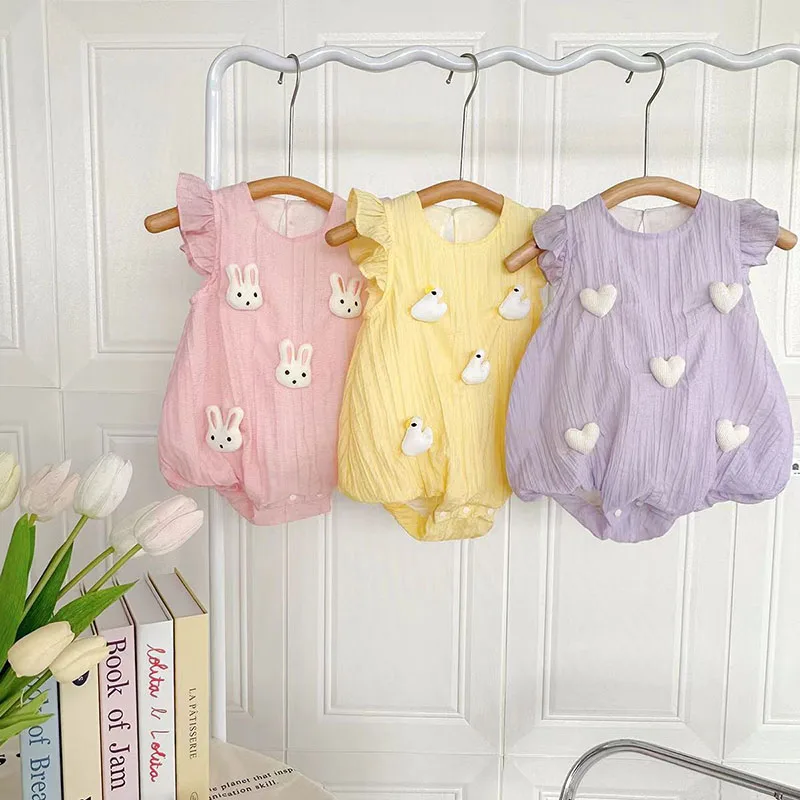 2026 New Baby Newborn  Summer Clothes 0-2 Y Cute Infant Girls Cartoon Bodysuit Toddler Flare Sleeve One Piece