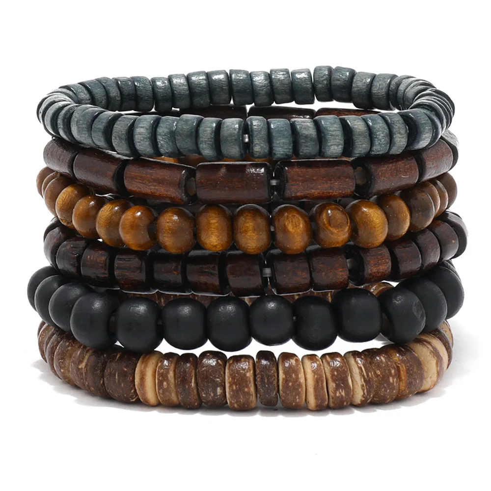 Fashion Men\'s Hand-beaded Bracelet Vintage Style Multi-layer Stretch Thread Wood Bead Coconut Shell Hand Ornament Charm Bracelet