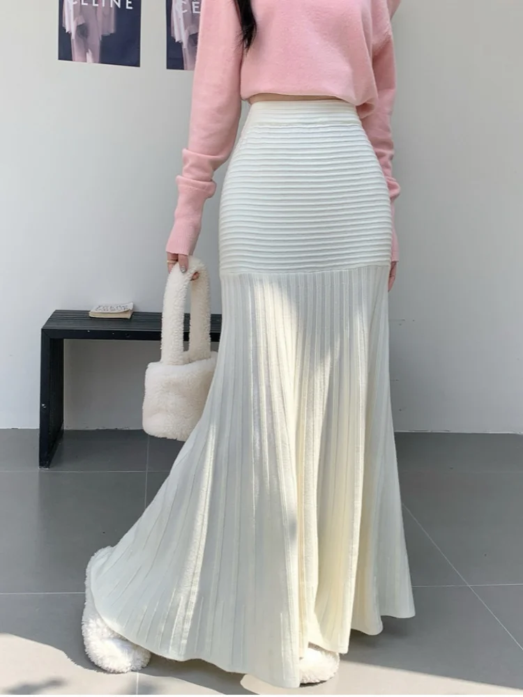 

Knitted Midi Skirt For Women Autumn Winter Thick High Waisted Sweet A-line Pleated Mid Length Skirt Warm Elegant Umbrella Skirt