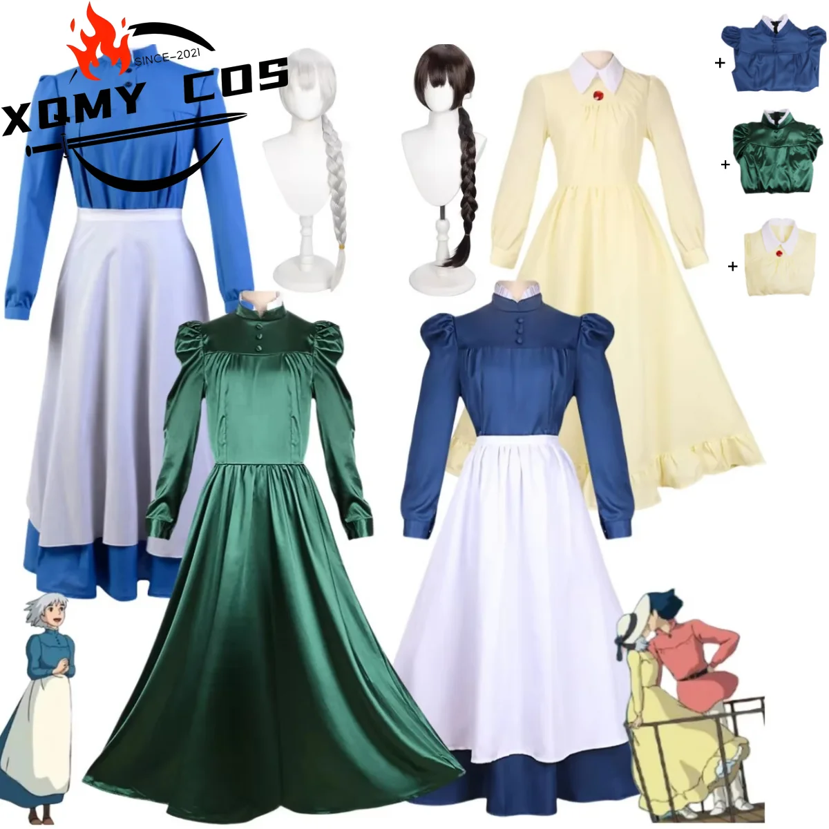 

XQJapanese Anime Movie Howl Sophie Косплей Костюм Синий Желтый Зеленый Платье Горничной Фартук Парик Женский Милый Карнавальный Костюм Хэллоуина