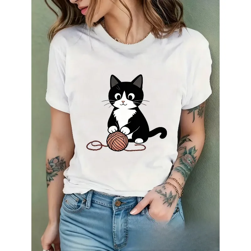 

Ladies' Round Neck T-shirt Featuring A Cute Black and White Cat Playing with An Orange Yarn Ball for Christmas and Thanksgiving