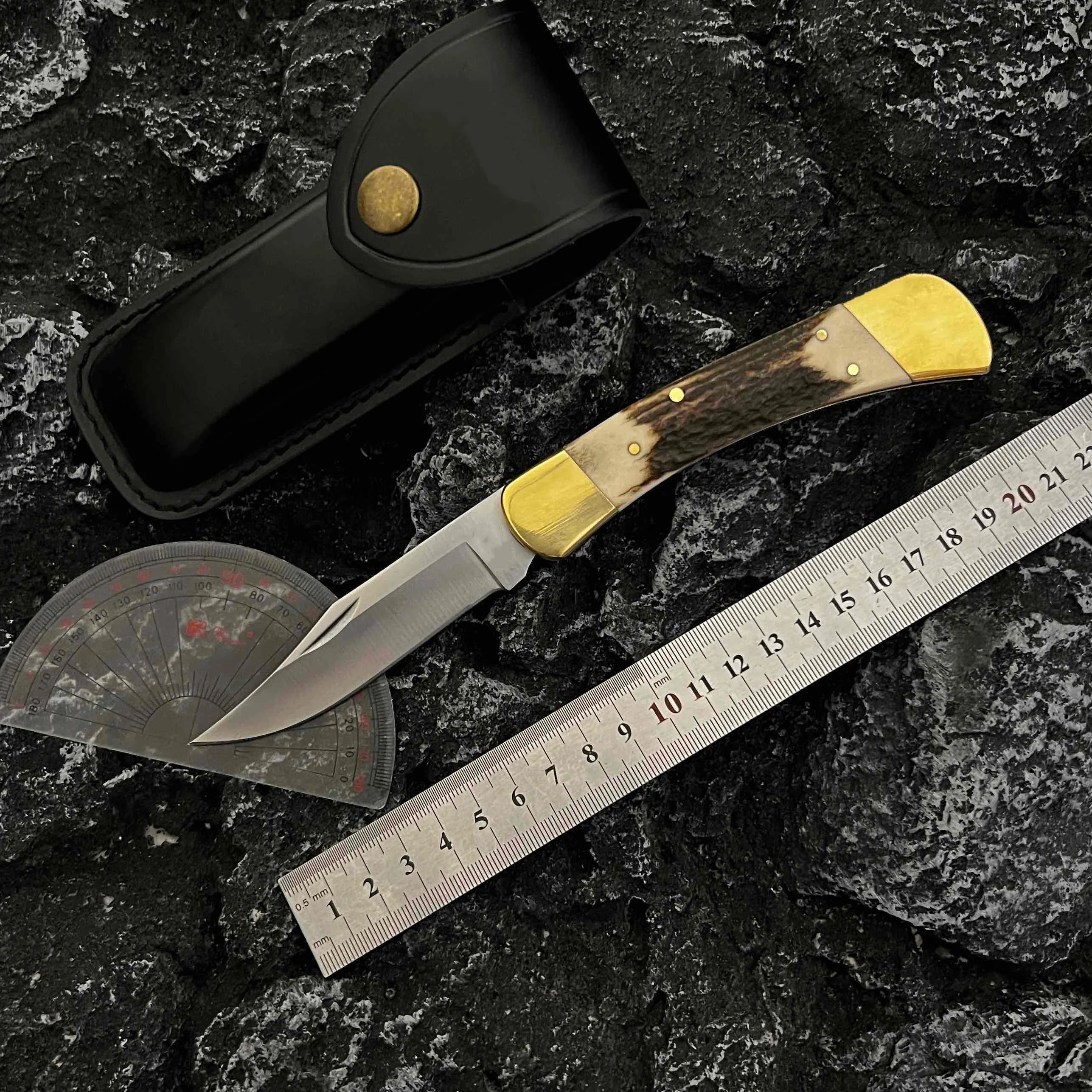 

8.5 inch 420 steel CNC gong integrated brass antler handle outdoor camping fruit knife fishing survival EDC cutting tool