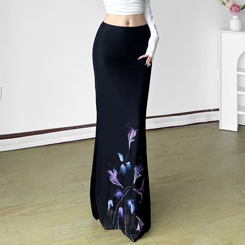

2026 New Gentle Floral Print Split Mesh Double Layer Skirt Women High Waist Hip Wrap Slim Elegant Versatile Long Dress