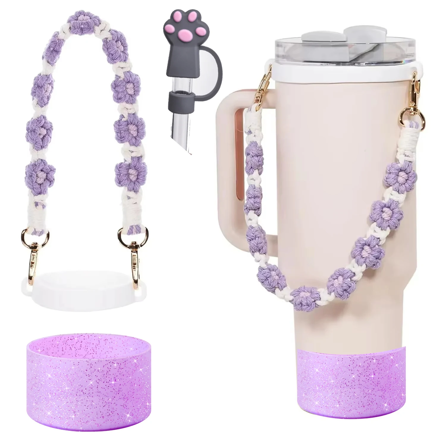 Water Bottle Accessories Set for Stanley 40oz Tumbler Cup,Including Handle Strap, Siliocne Boot Claw Straw Cover