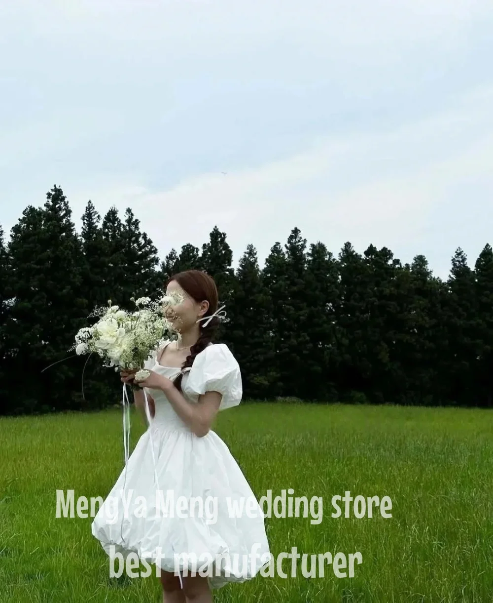 

ZHUISHU Square Neck Puff Short Sleeves Wedding Party Dresses Korea Photo shoot Taffeta Knee Length Bridal Gowns Customized