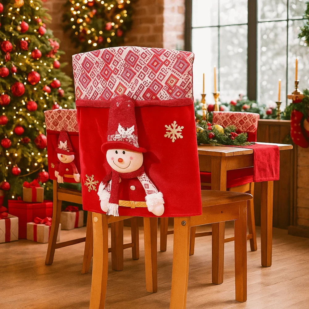 Penutup Kursi Natal Kartun Lucu Penutup Kursi Makan Malam Natal Dapat Dilepas Lembut Pelindung Kursi Manusia Salju Dekoratif Meriah