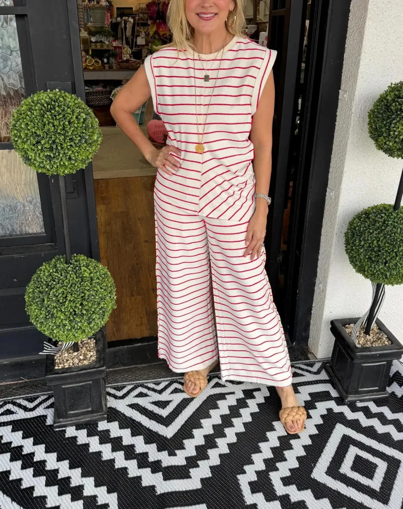 

Casual Striped Print 2 Piece Set Fashion Sleeveless Round Neck Irregular Pullover Top Elastic Waist Wide-leg Trousers Set Women