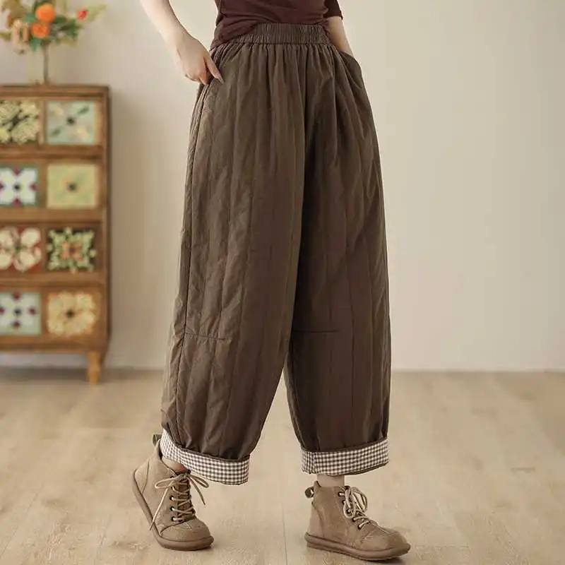 Winter New Simple Fashion Cotton Padded Casual Pants Women 2026 Retro Loose Solid Color Harem Quilted Trousers