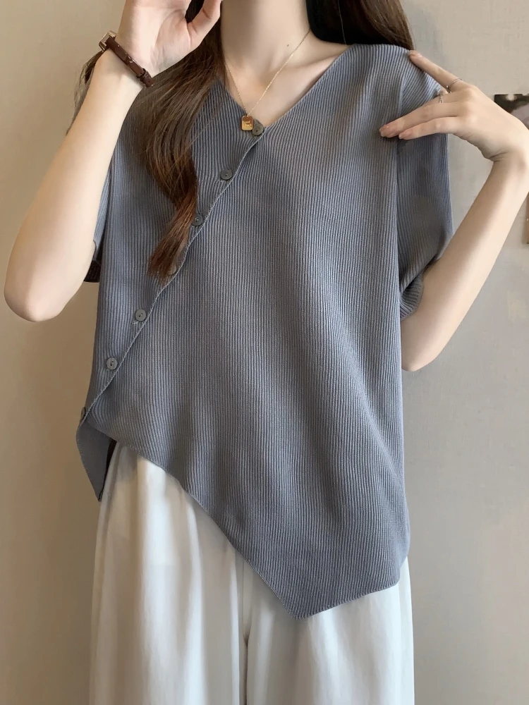 Slimming V-Neck Short Sleeve T-Shirt Women's Summer New Style plus Size Conceal Belly Creative Commute Korean Loose Fit Top