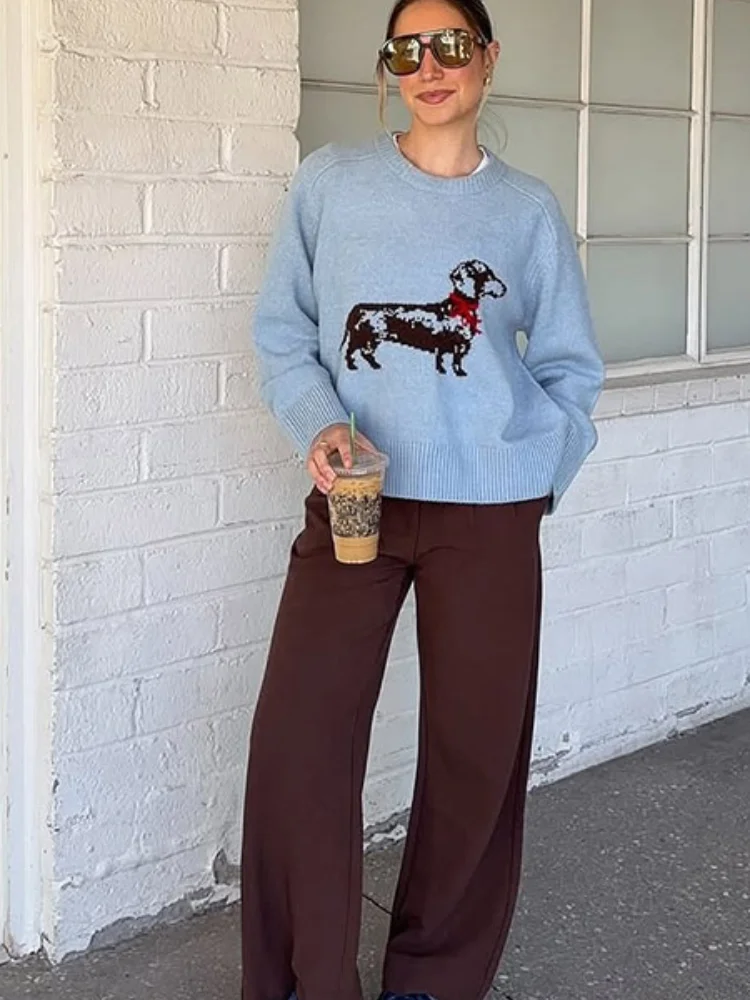 

Сплошной цветной свитер с принтом таксы, модный вязаный свитер с круглым вырезом и длинными рукавами, уличный женский повседневный трикотаж для поездок на работу