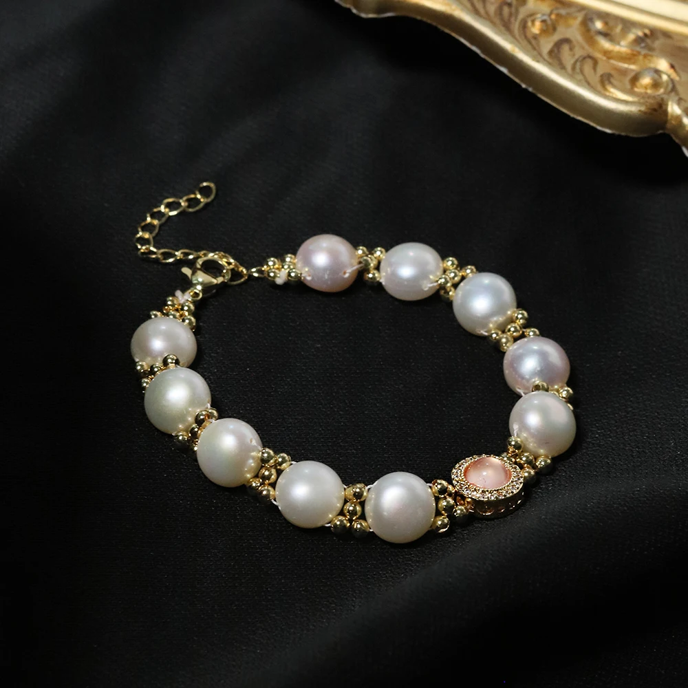 Natural Freshwater Pearl Pink Cat Eye Stone Bracelet Korean Style Women Luxury Jewelry Fashion Ladies and Girls Gift GB1160