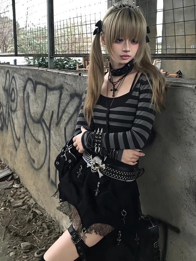 Tonngirls Japanische Y2k Zweiteilige Oberteile für Damen, Langarm Gestreiftes Crop-Top + Ärmelloses Camisole, Amerikanisches Retro-T-Shirt, E-Girl 2000er Jahre – Detail 6