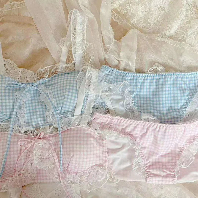 Women's Lingerie Japanese Cute Cotton Plaid Bralette Set Lace Underwear Women Lolita Girl Teens Wire Free Thin Bra and Panty Set