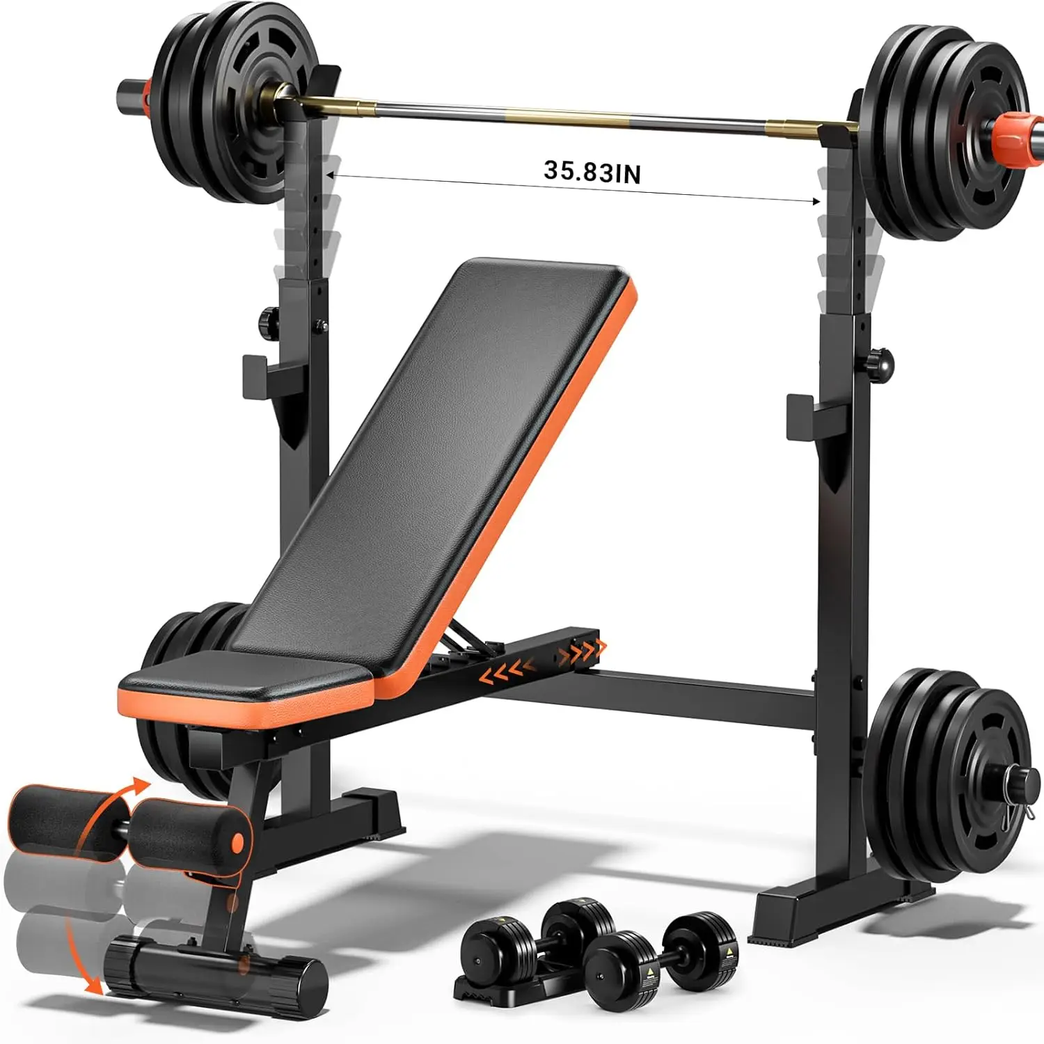 770lbs Weight Set with Squat Rack, 5 in 1 Workout Bench Press With Removable Foot Catch, Adjustable Flat Incline Sit Up Bench fo