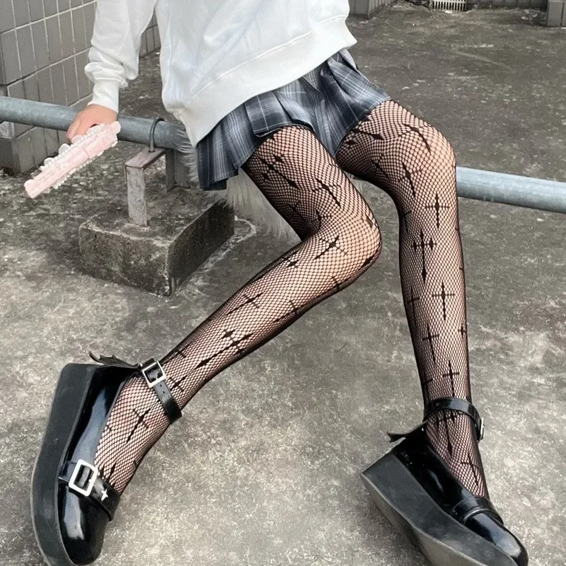 

Gothic Lolita Girls Crux Print Tights Cosplay Mesh Nylon Long Socks Women Sexy Party Body Stockings Costumes Fishnet Pantyhose