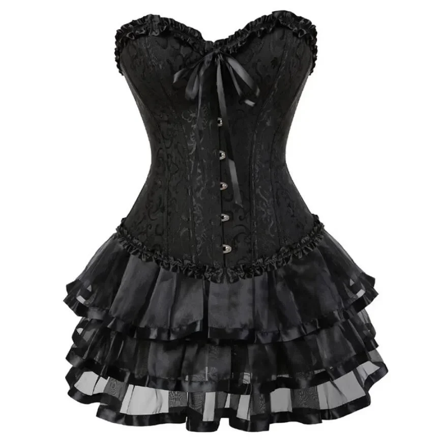 Corset Dress Bustier Skirts Top Set Plus Size Corsets Overbust Women Gothic Victorian Lolita Costume Vintage Lingerie Lace Sexy