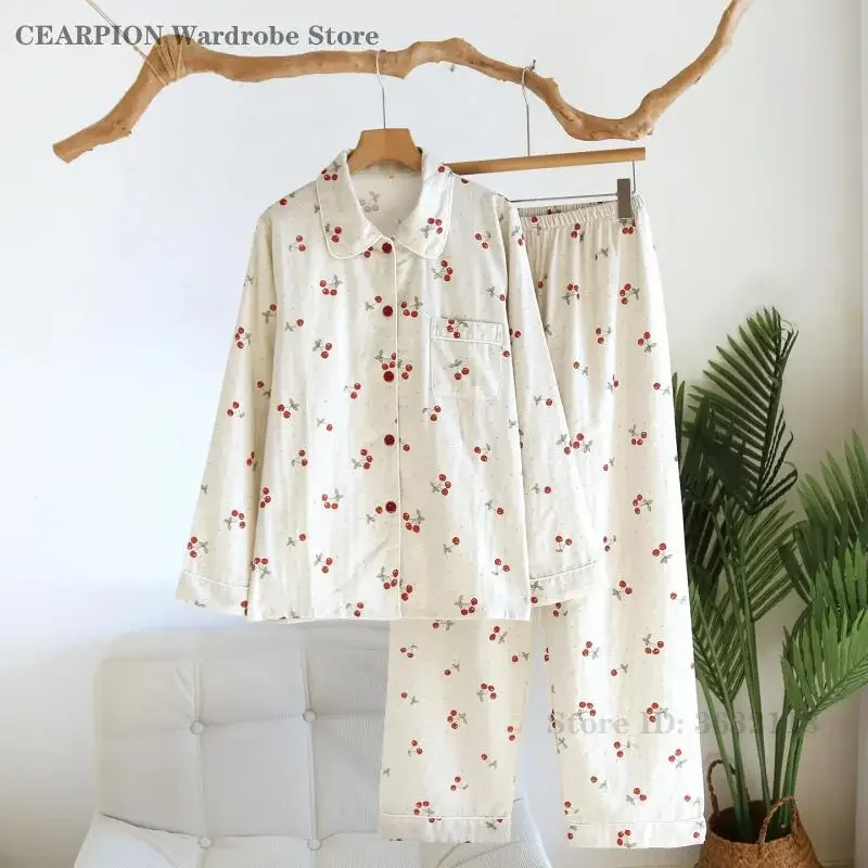 Sweet Cherry Long Sleeved Trouser Pyjamas Suit Spring Autumn Cotton Sleepwear Loungewear Loose Casual Home Clothes Pajama Set 4