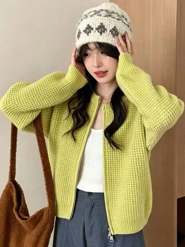 Autumn Winter Knitted Sweater Coat Women's Loose Lazy Atmosphere  Color round Neck Soft Nourishing Open Cardigan Top