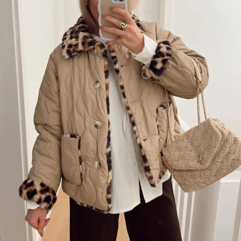 

Leopard Print Fleece Splicing Jacket For Women Autumn Winter Retro Lapel Thick Coat American Fashion Female Cotton Jackets
