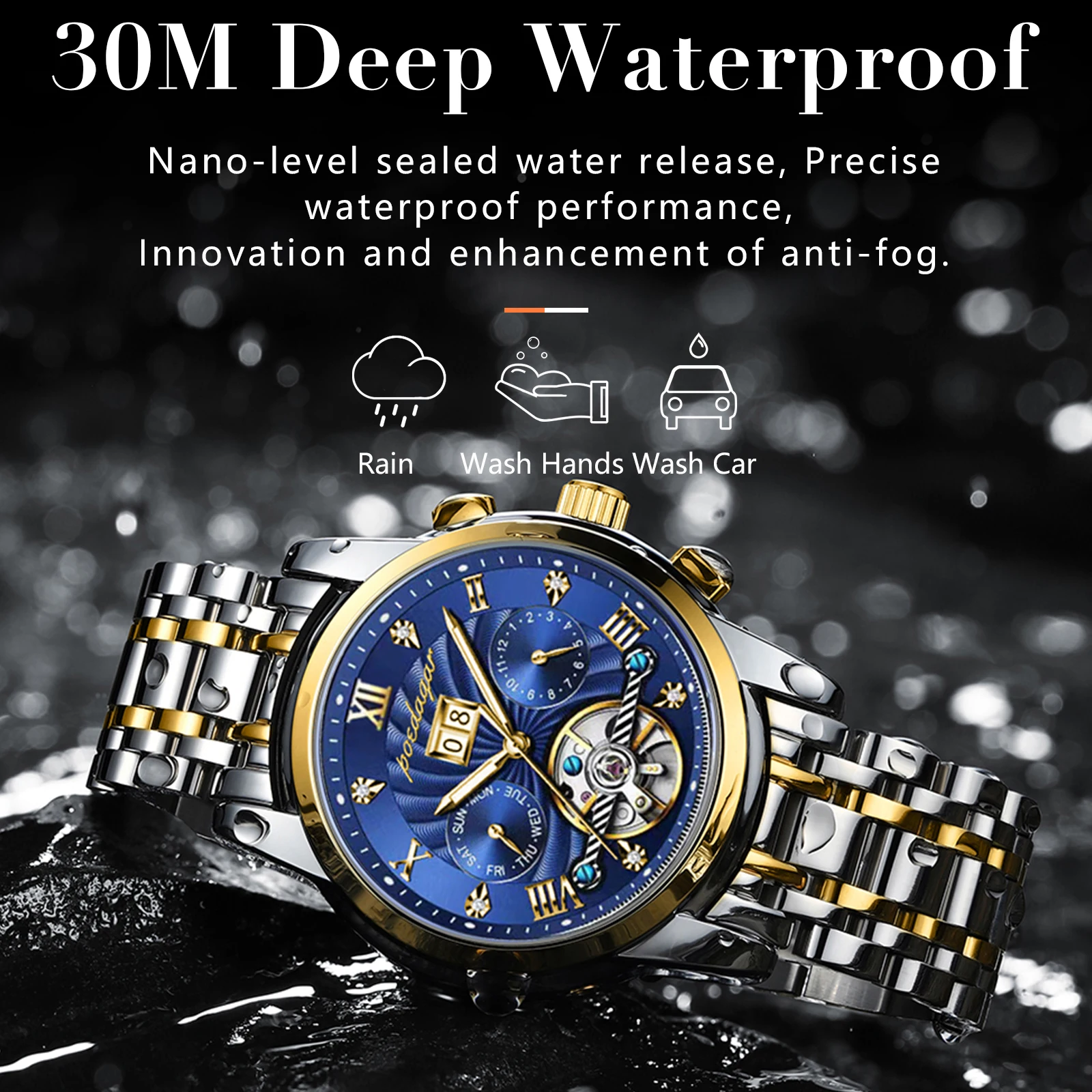 Poedagar automático mecânico tourbillon negócios relógio de pulso luxo oco à prova dwaterproof água aço inoxidável relógios masculinos relojes hombre